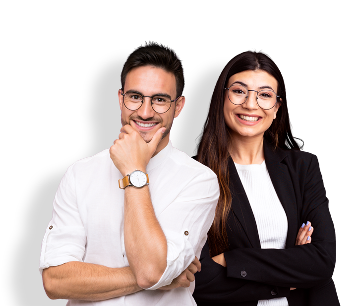 male and female professionals smiling